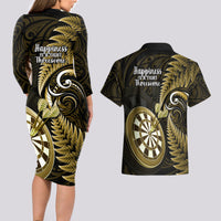 New Zealand Darts Couples Matching Long Sleeve Bodycon Dress and Hawaiian Shirt Happiness Is A Tight Threesome Maori Gold LT14 - Polynesian Pride