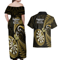 New Zealand Darts Couples Matching Off Shoulder Maxi Dress and Hawaiian Shirt Happiness Is A Tight Threesome Maori Gold LT14 - Polynesian Pride