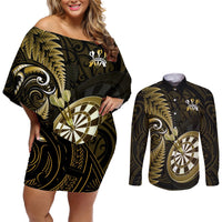 New Zealand Darts Couples Matching Off Shoulder Short Dress and Long Sleeve Button Shirts Happiness Is A Tight Threesome Maori Gold LT14 Gold - Polynesian Pride