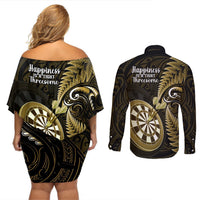 New Zealand Darts Couples Matching Off Shoulder Short Dress and Long Sleeve Button Shirts Happiness Is A Tight Threesome Maori Gold LT14 - Polynesian Pride