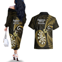 New Zealand Darts Couples Matching Off The Shoulder Long Sleeve Dress and Hawaiian Shirt Happiness Is A Tight Threesome Maori Gold LT14 - Polynesian Pride