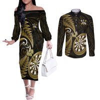 New Zealand Darts Couples Matching Off The Shoulder Long Sleeve Dress and Long Sleeve Button Shirts Happiness Is A Tight Threesome Maori Gold LT14 Gold - Polynesian Pride