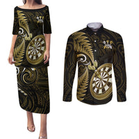 New Zealand Darts Couples Matching Puletasi Dress and Long Sleeve Button Shirts Happiness Is A Tight Threesome Maori Gold LT14 Gold - Polynesian Pride