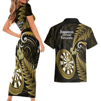 New Zealand Darts Couples Matching Short Sleeve Bodycon Dress and Hawaiian Shirt Happiness Is A Tight Threesome Maori Gold LT14 - Polynesian Pride
