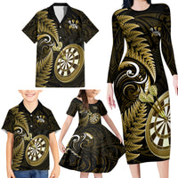 New Zealand Darts Family Matching Long Sleeve Bodycon Dress and Hawaiian Shirt Happiness Is A Tight Threesome Maori Gold LT14 - Polynesian Pride