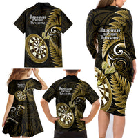New Zealand Darts Family Matching Long Sleeve Bodycon Dress and Hawaiian Shirt Happiness Is A Tight Threesome Maori Gold LT14 - Polynesian Pride
