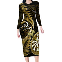 New Zealand Darts Family Matching Long Sleeve Bodycon Dress and Hawaiian Shirt Happiness Is A Tight Threesome Maori Gold LT14 Mom's Dress Gold - Polynesian Pride