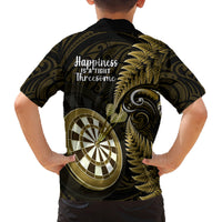 New Zealand Darts Family Matching Off Shoulder Maxi Dress and Hawaiian Shirt Happiness Is A Tight Threesome Maori Gold LT14 - Polynesian Pride