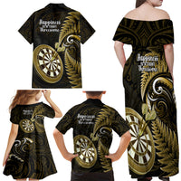 New Zealand Darts Family Matching Off Shoulder Maxi Dress and Hawaiian Shirt Happiness Is A Tight Threesome Maori Gold LT14 - Polynesian Pride
