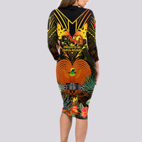 Papua New Guinea Central Province Long Sleeve Bodycon Dress Papua Niugini Coat Of Arms With Flag Style LT14 - Polynesian Pride