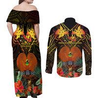 Papua New Guinea Manus Province Couples Matching Off Shoulder Maxi Dress and Long Sleeve Button Shirts Papua Niugini Coat Of Arms With Flag Style LT14 - Polynesian Pride