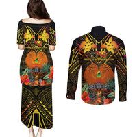 Papua New Guinea Manus Province Couples Matching Puletasi Dress and Long Sleeve Button Shirts Papua Niugini Coat Of Arms With Flag Style LT14 - Polynesian Pride