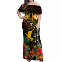 Papua New Guinea Manus Province Off Shoulder Maxi Dress Papua Niugini Coat Of Arms With Flag Style LT14 Women Black - Polynesian Pride