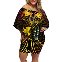 Papua New Guinea Manus Province Off Shoulder Short Dress Papua Niugini Coat Of Arms With Flag Style LT14 Women Black - Polynesian Pride