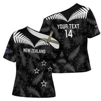 Custom New Zealand Silver Fern Football Cross Shoulder Shirt Go Aotearoa Grunge Black - Polynesian Pride