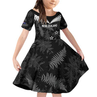 Custom New Zealand Silver Fern Football Family Matching Off Shoulder Short Dress and Hawaiian Shirt Go Aotearoa Grunge Black - Polynesian Pride