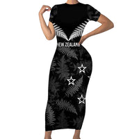 Custom New Zealand Silver Fern Football Short Sleeve Bodycon Dress Go Aotearoa Grunge Black LT14 Long Dress Black - Polynesian Pride