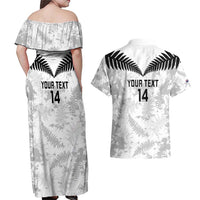 Custom New Zealand Silver Fern Football Couples Matching Off Shoulder Maxi Dress and Hawaiian Shirt Go Aotearoa Grunge White - Polynesian Pride