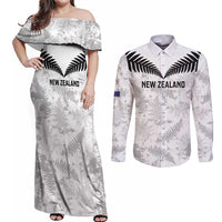 Custom New Zealand Silver Fern Football Couples Matching Off Shoulder Maxi Dress and Long Sleeve Button Shirt Go Aotearoa Grunge White - Polynesian Pride