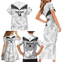 Custom New Zealand Silver Fern Football Family Matching Short Sleeve Bodycon Dress and Hawaiian Shirt Go Aotearoa Grunge White - Polynesian Pride