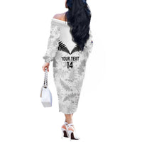 Custom New Zealand Silver Fern Football Off The Shoulder Long Sleeve Dress Go Aotearoa Grunge White LT14 - Polynesian Pride