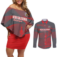Custom New Caledonia Football Couples Matching Off Shoulder Short Dress and Long Sleeve Button Shirt Allez Les Cagous Grey Version - Polynesian Pride