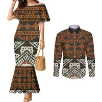 Bula Fiji Tapa Couples Matching Mermaid Dress and Long Sleeve Button Shirt Fijian Masi Vintage Vibes LT14 Brown - Polynesian Pride