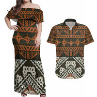 Bula Fiji Tapa Couples Matching Off Shoulder Maxi Dress and Hawaiian Shirt Fijian Masi Vintage Vibes LT14 Brown - Polynesian Pride