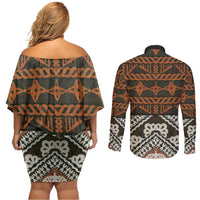 Bula Fiji Tapa Couples Matching Off Shoulder Short Dress and Long Sleeve Button Shirt Fijian Masi Vintage Vibes LT14 - Polynesian Pride
