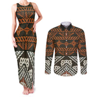 Bula Fiji Tapa Couples Matching Tank Maxi Dress and Long Sleeve Button Shirt Fijian Masi Vintage Vibes LT14 Brown - Polynesian Pride
