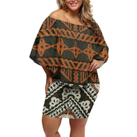 Bula Fiji Tapa Family Matching Off Shoulder Short Dress and Hawaiian Shirt Fijian Masi Vintage Vibes LT14 Mom's Dress Brown - Polynesian Pride
