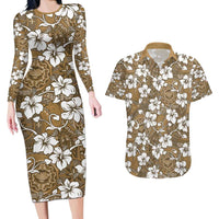 Kuvui Bula Fiji Couples Matching Long Sleeve Bodycon Dress and Hawaiian Shirt Fijian Tapa Seamless Hibiscus LT14 Brown - Polynesian Pride