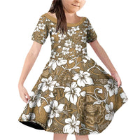 Kuvui Bula Fiji Family Matching Off Shoulder Short Dress and Hawaiian Shirt Fijian Tapa Seamless Hibiscus LT14 Daughter's Dress Brown - Polynesian Pride