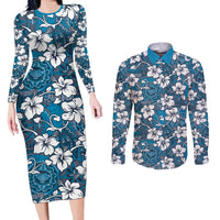 Karakarawa Bula Fiji Couples Matching Long Sleeve Bodycon Dress and Long Sleeve Button Shirt Fijian Tapa Seamless Hibiscus LT14 Blue - Polynesian Pride