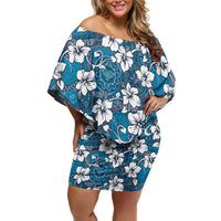 Karakarawa Bula Fiji Family Matching Off Shoulder Short Dress and Hawaiian Shirt Fijian Tapa Seamless Hibiscus LT14 Mom's Dress Blue - Polynesian Pride