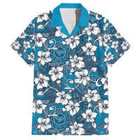 Karakarawa Bula Fiji Family Matching Puletasi and Hawaiian Shirt Fijian Tapa Seamless Hibiscus LT14 Dad's Shirt - Short Sleeve Blue - Polynesian Pride