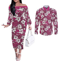 Piqi Bula Fiji Couples Matching Off The Shoulder Long Sleeve Dress and Long Sleeve Button Shirt Fijian Tapa Seamless Hibiscus LT14 Pink - Polynesian Pride