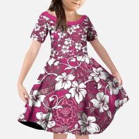 Piqi Bula Fiji Family Matching Off The Shoulder Long Sleeve Dress and Hawaiian Shirt Fijian Tapa Seamless Hibiscus LT14 Daughter's Dress Pink - Polynesian Pride