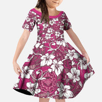 Piqi Bula Fiji Family Matching Off Shoulder Maxi Dress and Hawaiian Shirt Fijian Tapa Seamless Hibiscus LT14 Daughter's Dress Pink - Polynesian Pride
