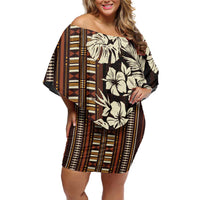 Bula Fiji Masi Family Matching Off Shoulder Short Dress and Hawaiian Shirt Tapa Tropical Hibiscus Half Stylized LT14 Mom's Dress Brown - Polynesian Pride
