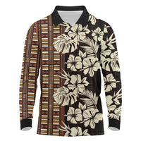 Bula Fiji Masi Long Sleeve Polo Shirt Tapa Tropical Hibiscus Half Stylized LT14 Brown - Polynesian Pride