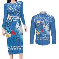 Polynesia Diabetes Awareness Month Couples Matching Long Sleeve Bodycon Dress and Long Sleeve Button Shirt In November We Wear Blue