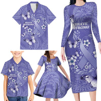 Polynesia Stomach Cancer Awareness Family Matching Long Sleeve Bodycon Dress and Hawaiian Shirt Periwinkle Ribbon Brave Strong! LT14 - Polynesian Pride
