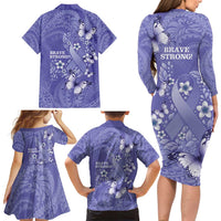 Polynesia Stomach Cancer Awareness Family Matching Long Sleeve Bodycon Dress and Hawaiian Shirt Periwinkle Ribbon Brave Strong! LT14 - Polynesian Pride