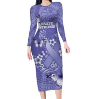 Polynesia Stomach Cancer Awareness Family Matching Long Sleeve Bodycon Dress and Hawaiian Shirt Periwinkle Ribbon Brave Strong! LT14 Mom's Dress Periwinkle - Polynesian Pride