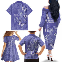 Polynesia Stomach Cancer Awareness Family Matching Off The Shoulder Long Sleeve Dress and Hawaiian Shirt Periwinkle Ribbon Brave Strong! LT14 - Polynesian Pride