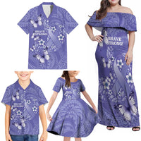 Polynesia Stomach Cancer Awareness Family Matching Off Shoulder Maxi Dress and Hawaiian Shirt Periwinkle Ribbon Brave Strong! LT14 - Polynesian Pride