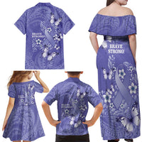 Polynesia Stomach Cancer Awareness Family Matching Off Shoulder Maxi Dress and Hawaiian Shirt Periwinkle Ribbon Brave Strong! LT14 - Polynesian Pride