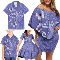 Polynesia Stomach Cancer Awareness Family Matching Off Shoulder Short Dress and Hawaiian Shirt Periwinkle Ribbon Brave Strong! LT14 - Polynesian Pride