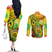 Halo Vanuatu Couples Matching Off The Shoulder Long Sleeve Dress and Long Sleeve Button Shirt Sand Drawing Turtle Polynesian Tropical Flowers LT14 - Polynesian Pride